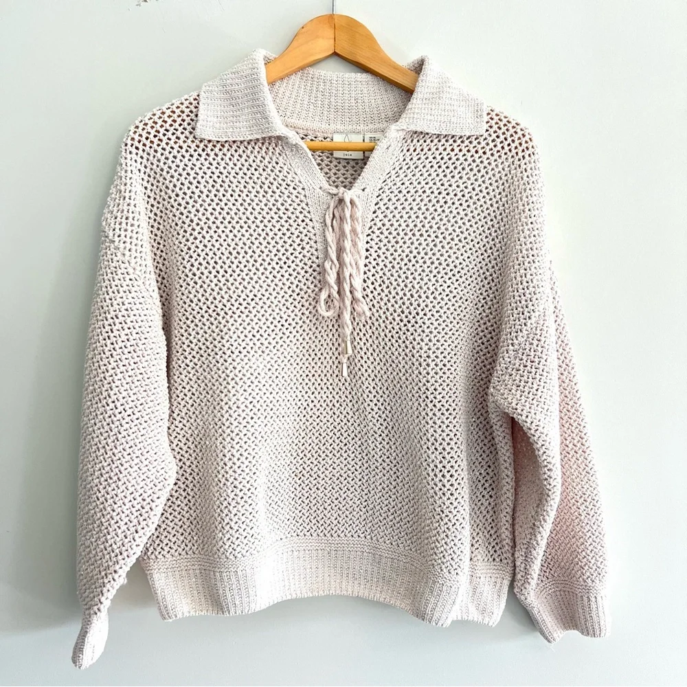 JOIE Cream Metallic Glitter Shimmer Sequins Open Knit Lace Up Sweater Sz XL